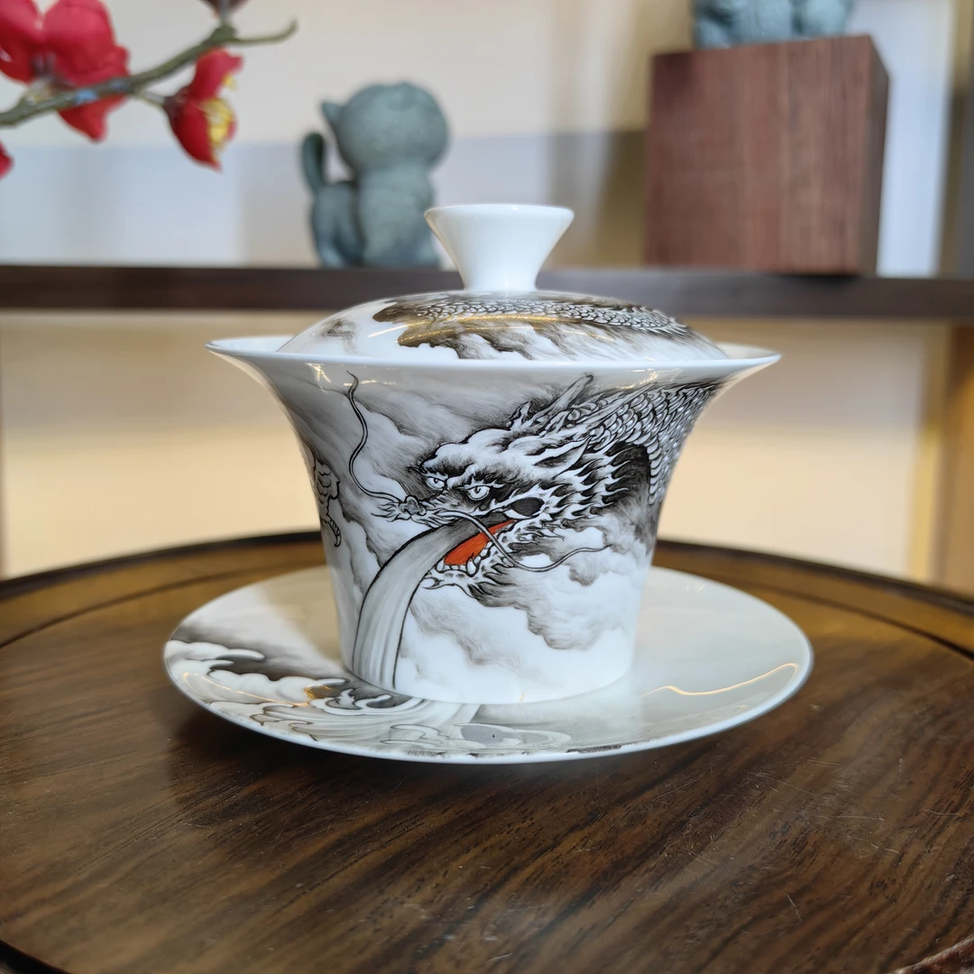 【瑕疵特价】 骨瓷龙盖碗