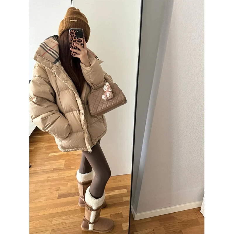 300斤大码女装韩系格纹拼接宽松棉服外套胖mm加厚显瘦棉衣上衣女
