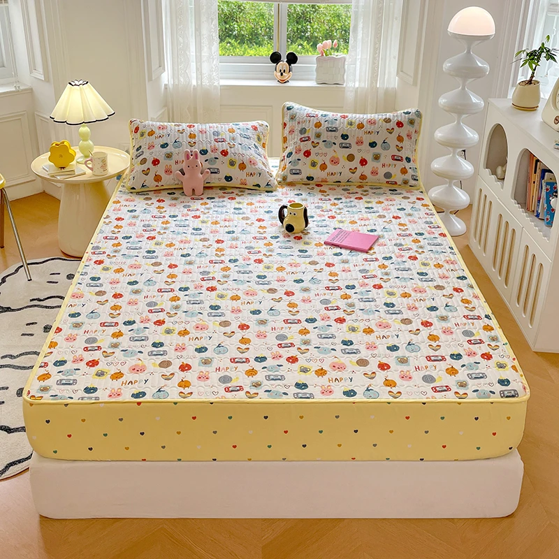 床笠定制卡通清新全棉床笠单件床罩夹棉席梦思床垫保护套防滑全包