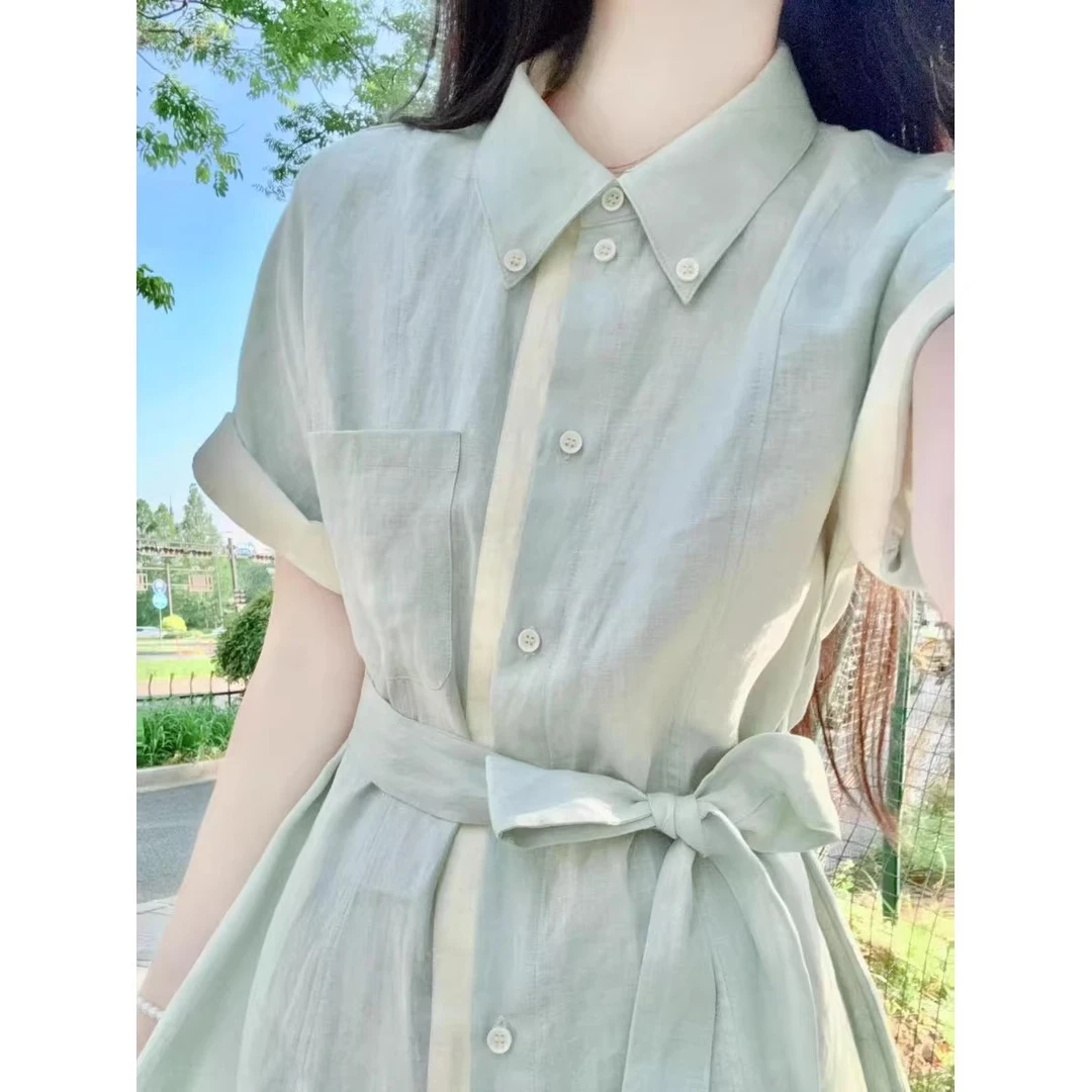 浅绿色绝美翻领撞色衬衫连衣裙中长款气质裙子显瘦百搭设计感长裙