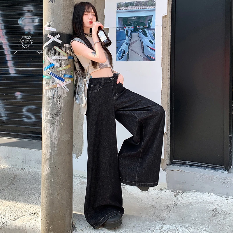 小个子深蓝色牛仔裤高腰收腰软阔腿裤显瘦慵懒牛仔裤宽松阔腿裤