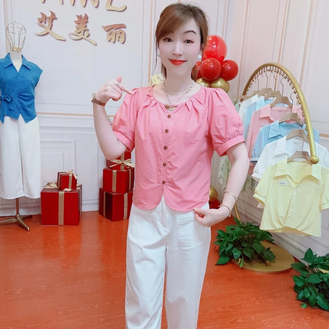 时尚设计感短袖衬衫女2025夏季新款洋气泡泡袖压褶小个子百搭上衣