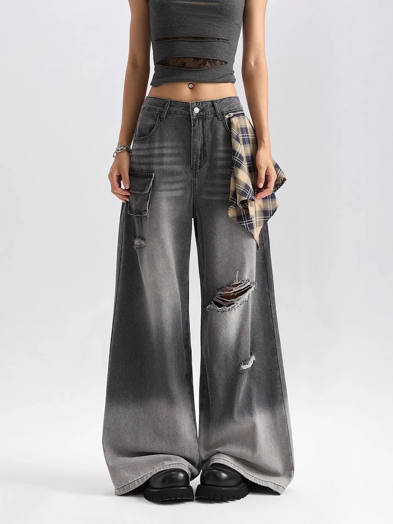 拖地长裤女秋季新款设计感时尚百搭高腰显瘦洗水破洞阔腿牛仔裤