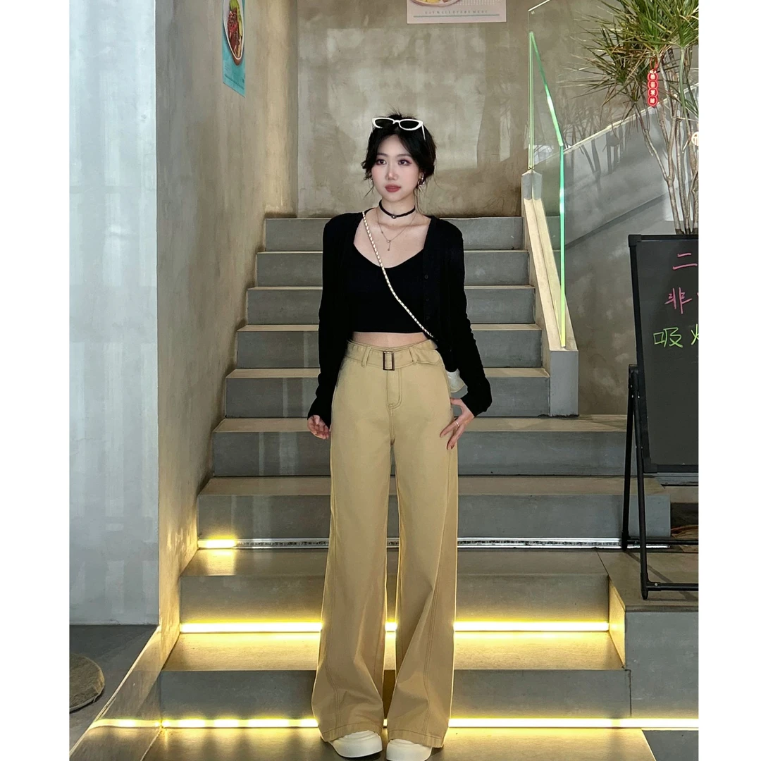 卡其色阔腿牛仔裤女2025新款春季宽松显瘦垂感高腰拖地直筒9961