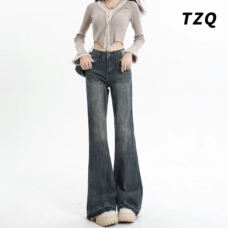 美式复古微喇2025夏新款牛仔女裤高腰宽松显瘦喇叭裤TZQ121456