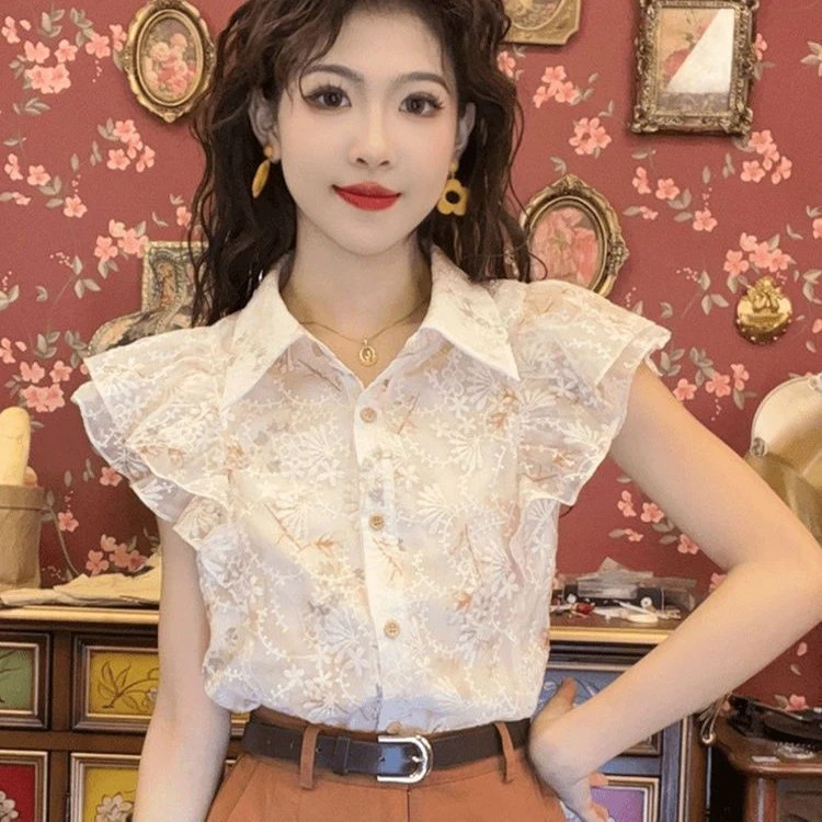 刺绣衬衫女夏款2025新款夏季衬衣时尚气质简约甜美显瘦小飞袖上衣