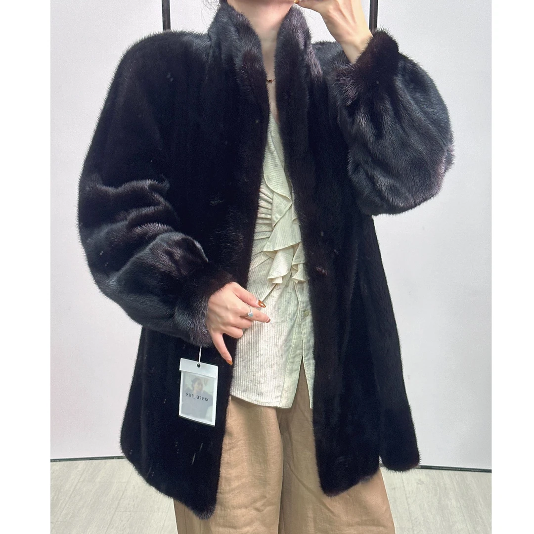 B155，XL，黑色逆毛抽刀立领收口袖水貂外套