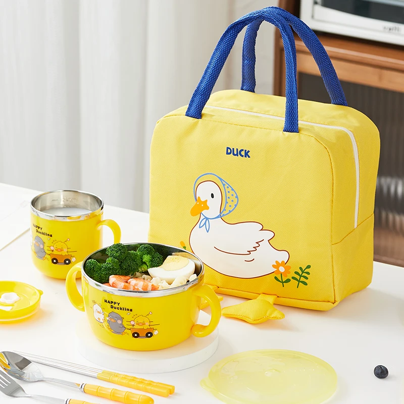 304儿童不锈钢餐具卡通带盖防烫碗勺子筷子小学生幼儿园加厚饭盒