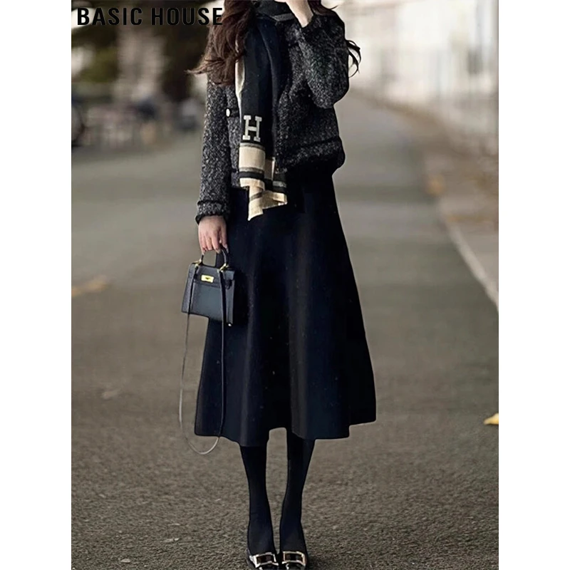 Basic House/百家好法式毛呢加厚半身裙女秋冬小黑裙中长款西装裙