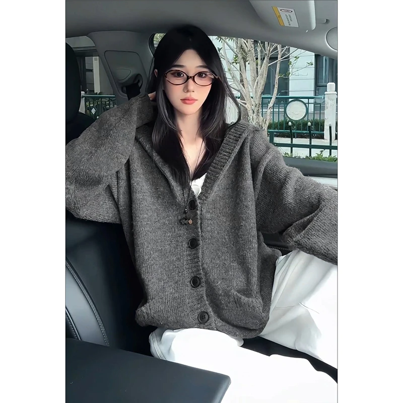 深灰色重磅针织开衫毛衣男款潮牌秋季宽松慵懒风cleanfit连帽外套