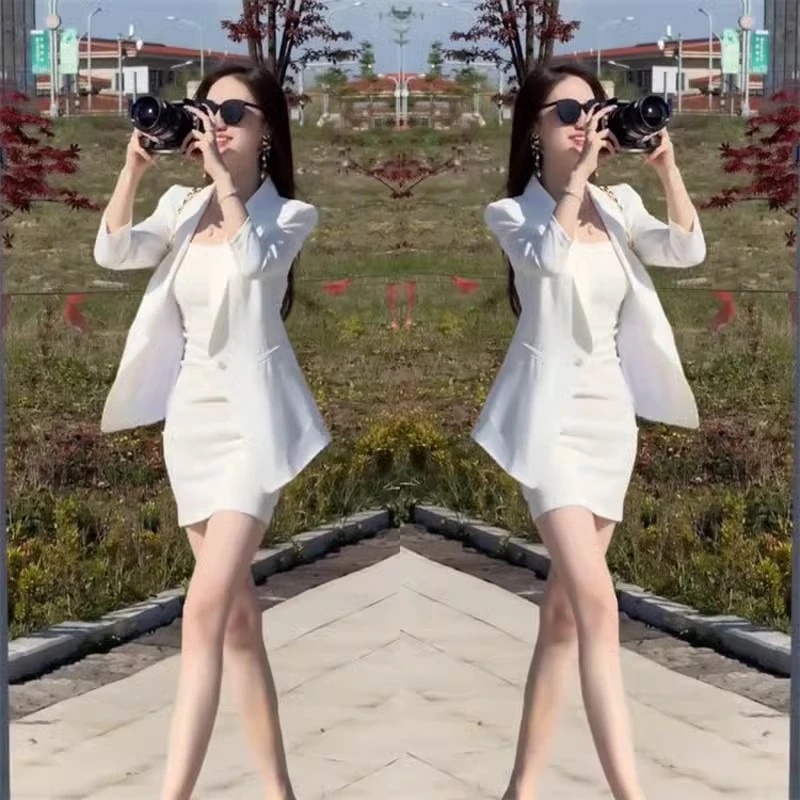 气质名媛2025时尚春秋新款套装纯色西装外套修身显瘦连衣裙套装潮