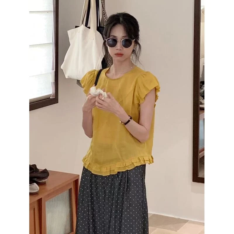 夏季新款 设计感休闲下摆木耳花边衬衫女慵懒风宽松显瘦DCZJ99913