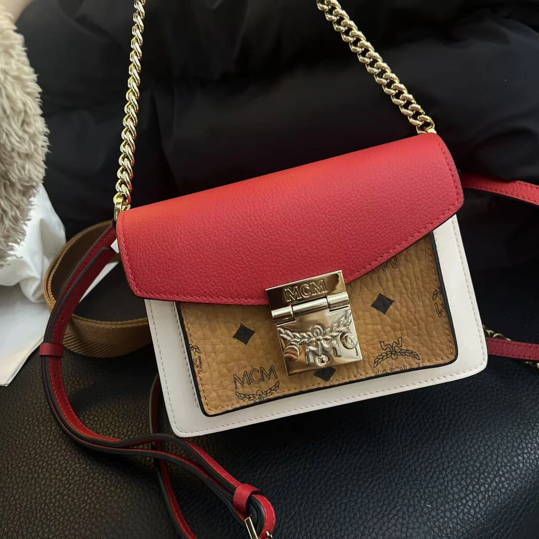 95新 MCM 大麦中古/mcm红色拼干邑色邮差/斜挎包