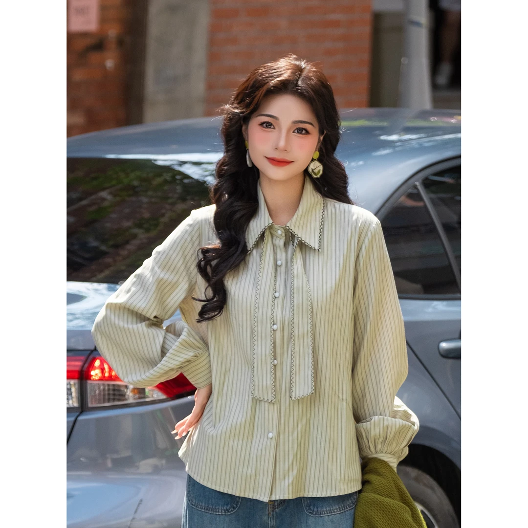 LIJIUJIU【香草拿铁】气质长袖百搭复古显瘦色织条纹衬衫YX2510185