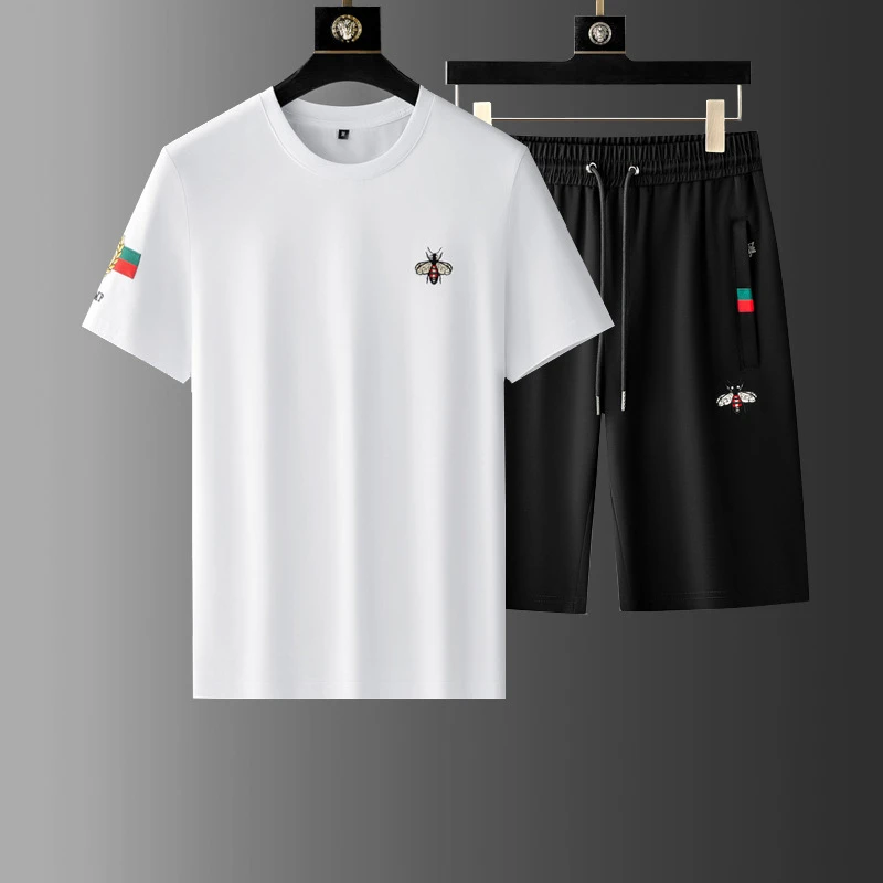 潮牌t恤男短袖短裤套装男夏季刺绣蜜蜂休闲运动服T恤男士冰丝套装