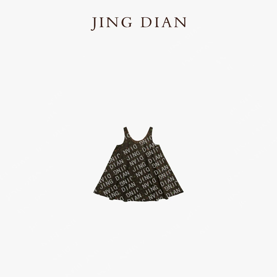 【JING DIAN】小众定制款咖色刺绣小花无袖连衣裙