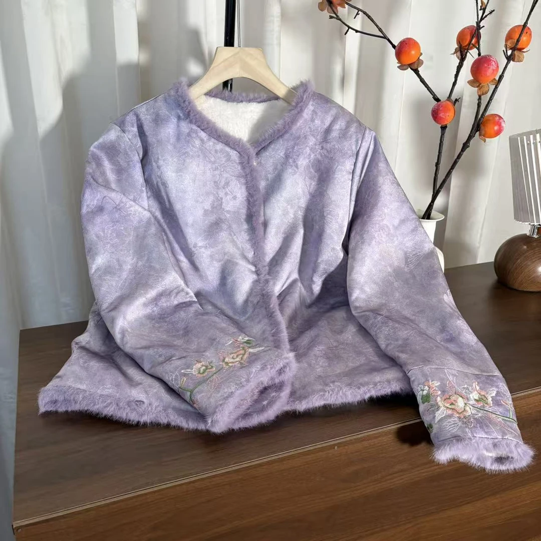 (紫霞1）双面穿新中式外套保暖长袖气质时尚宽松女装冬季毛绒加绒