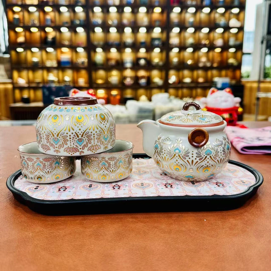 ZH3458-敦煌手抓宝瓶壶一壶两杯+敦煌禅定主人杯+敦煌唐卡茶盘