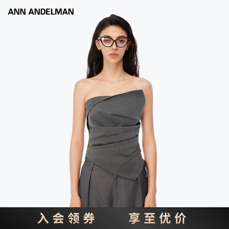 ANN ANDELMAN2025新品打褶翻边抹胸女不规则灰色吊带背心