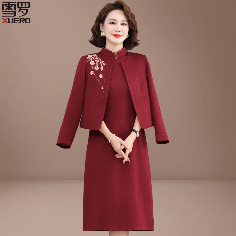 喜婆婆婚宴装2024新款高端礼服披肩婚礼妈妈秋装时尚连衣裙两件套