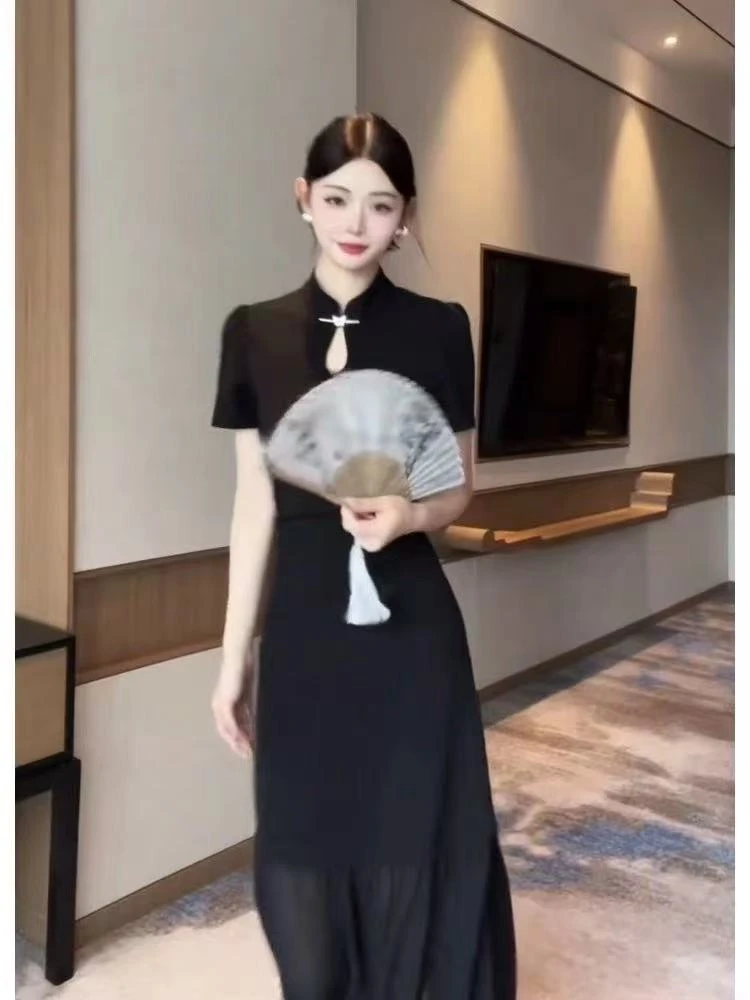 8061-“玄夜”黑色新中式拼接网纱捏褶国风裙