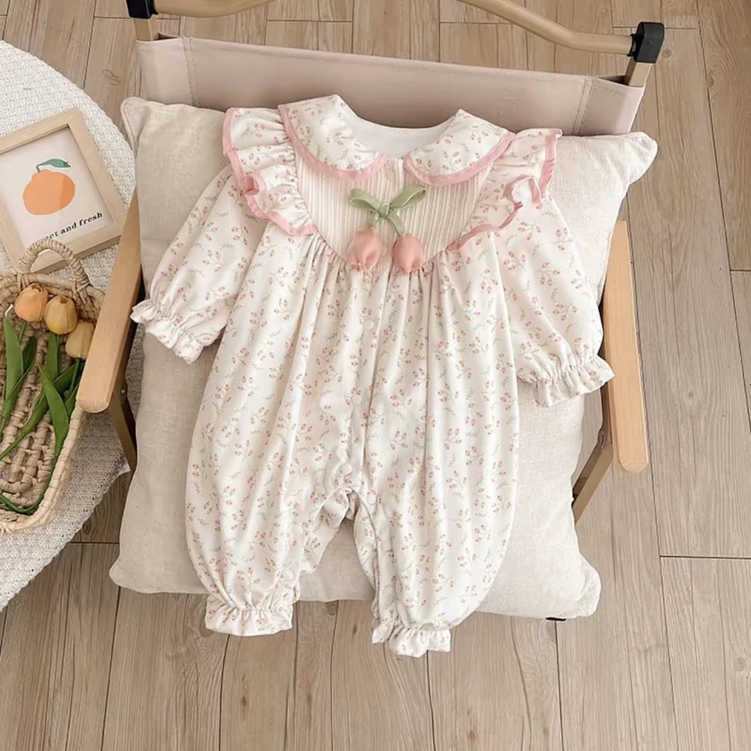 田园郁金香双层连体  新生婴儿春秋装女宝宝外出服爬爬服