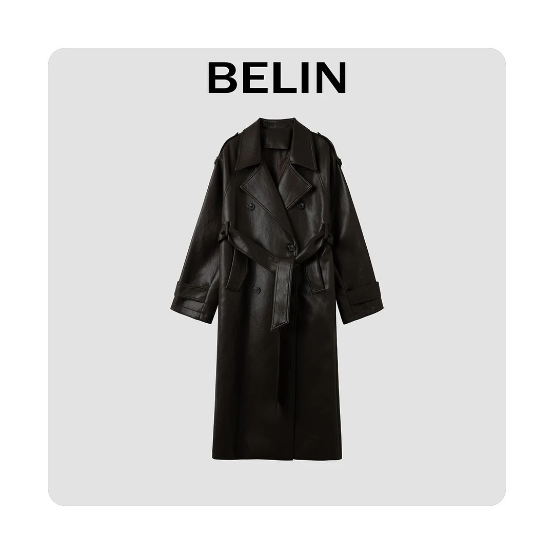 BELIN 摩登系列 中古风复古棕色质感长款H廓形皮风衣外套女