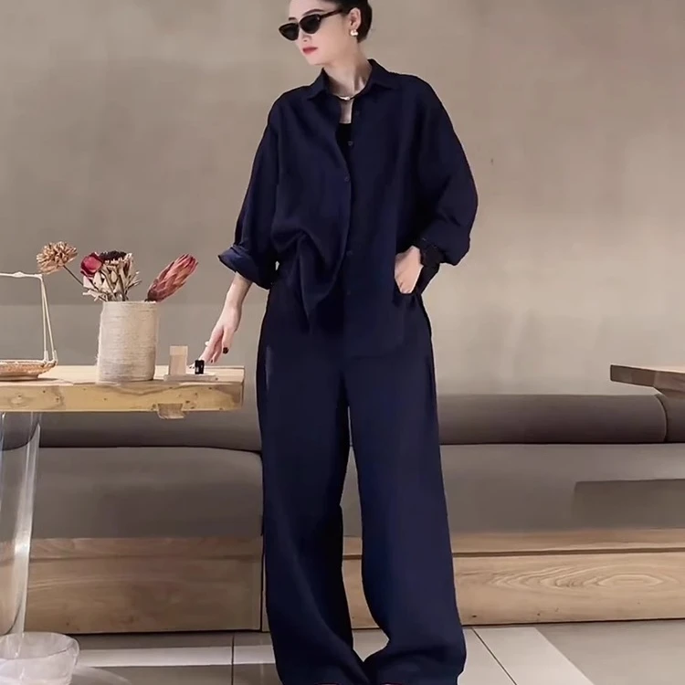 欧货棉麻高端老钱风亚麻衬衫套装女夏季宽松炸街休闲运动两件套