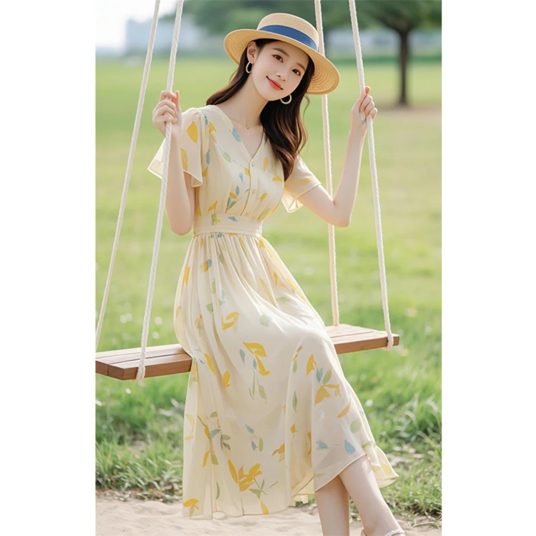 碎花显瘦收腰超好看印花小飞袖雪纺连衣裙子女装夏季新款漂亮独特
