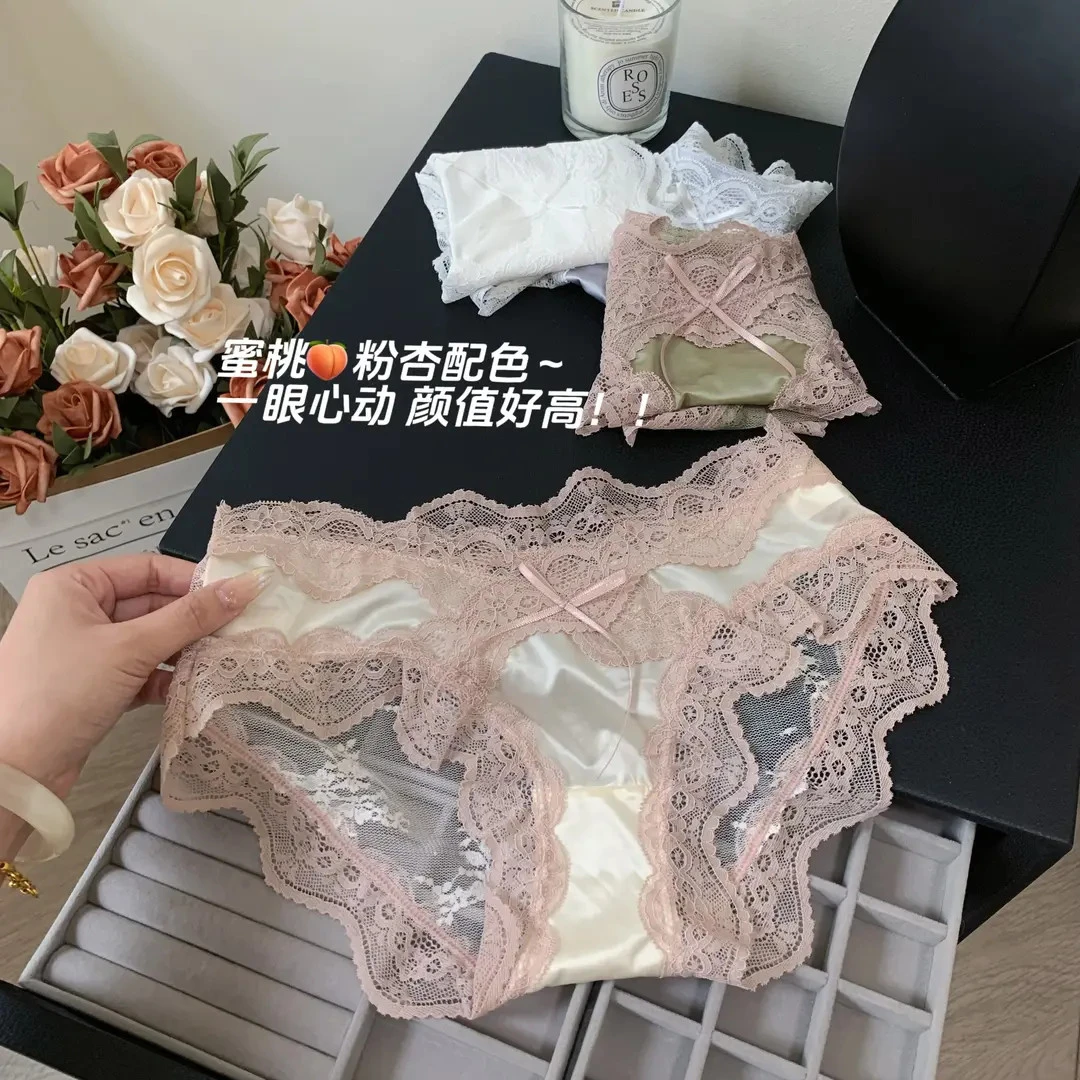 双11好物法式纯欲少女蕾丝内裤裸感缎面丝滑透气性感低腰三角裤头