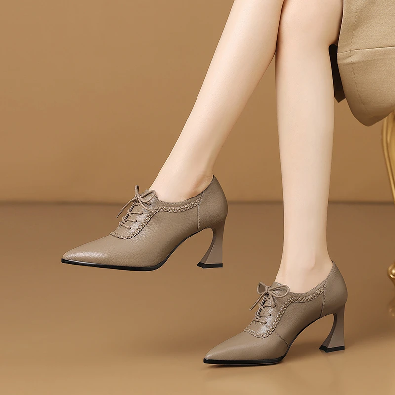 7.5cm粗跟尖头深口女鞋春秋气质系带高跟鞋职业百搭舒适通勤单鞋
