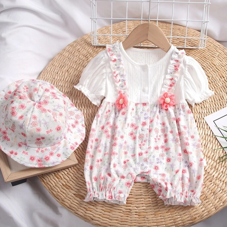 假两件花朵婴儿衣服外出连身衣/爬服/哈衣甜美夏季女童婴幼童
