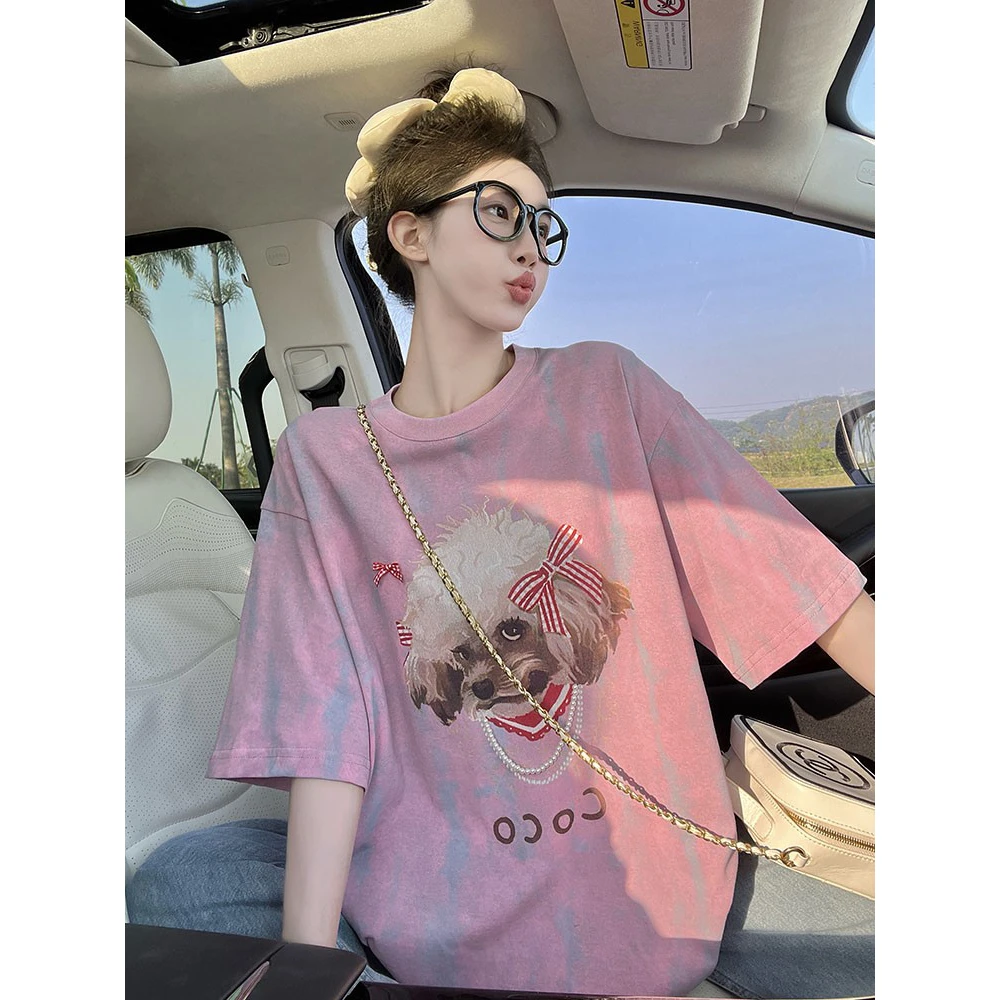 粉红色短袖T恤女夏季设计感卡通蝴蝶结小狗印花宽松显瘦休闲上衣