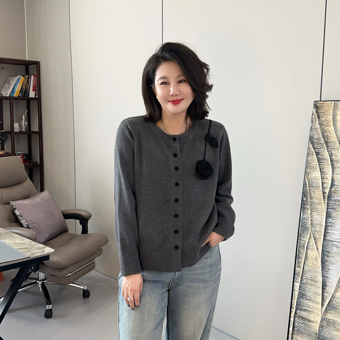 微胖女装【立体玫瑰】立体花朵开衫秋冬加厚针织衫上衣保暖519