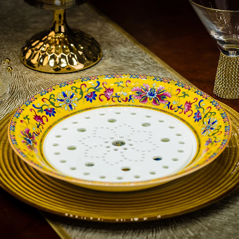 1个金福圈花10英寸饺子盘珐琅彩陶瓷家用盘子（帝王黄）