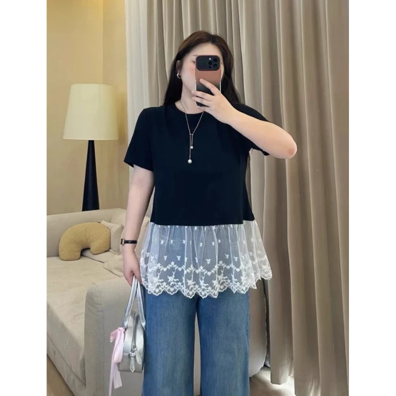 大码胖妹妹韩系蕾丝拼接假两件上衣女装夏季撞色修身时尚短袖T恤