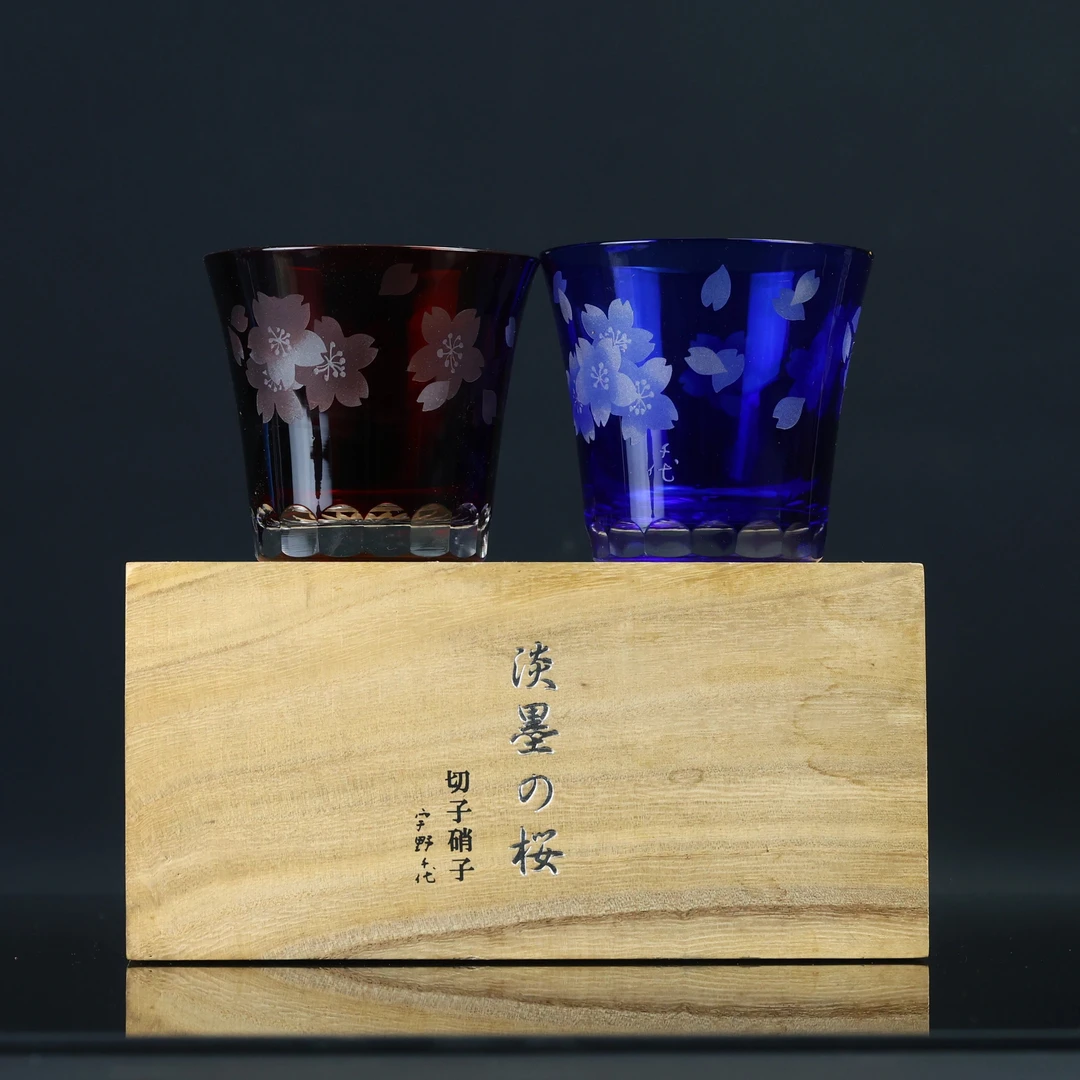 日本进口正品宇野千代淡墨樱硝子切子威士忌杯(口9高8.5厘米)