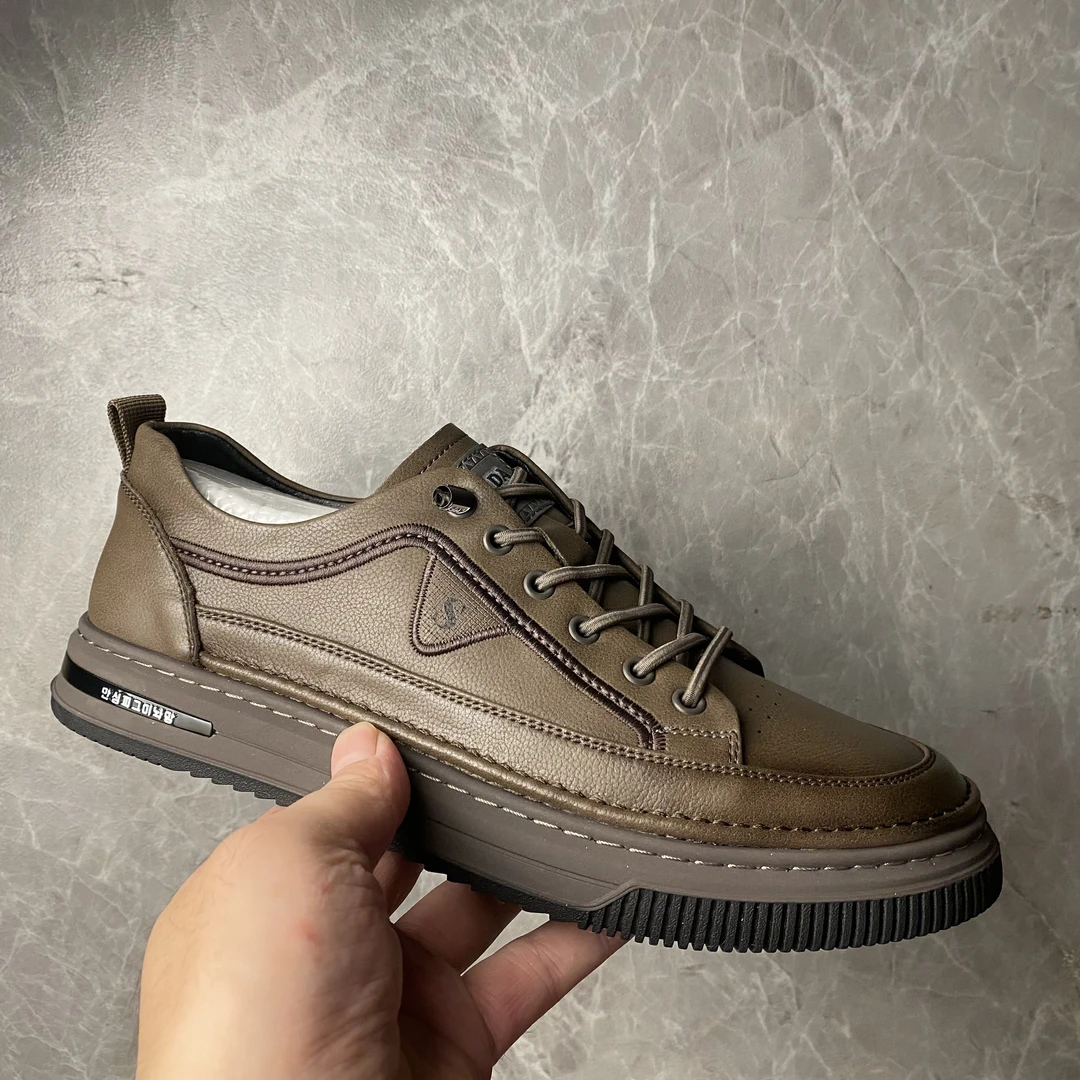 新款牛皮男鞋板鞋365卡其