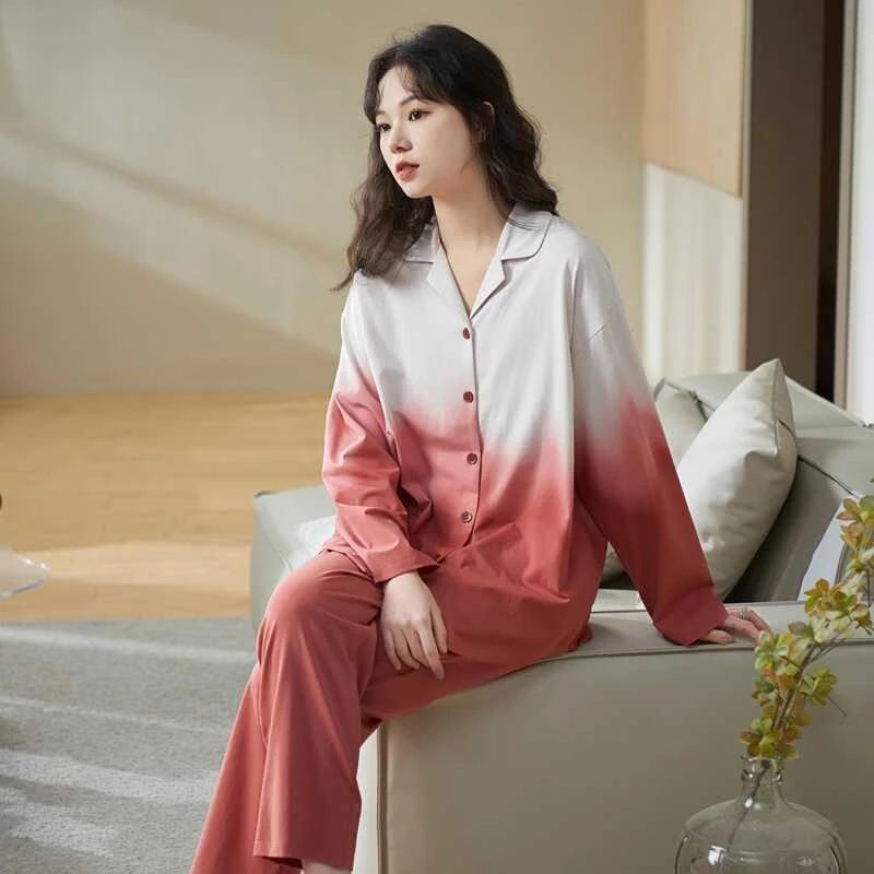 SUAM RUO睡衣女春秋款高档纯棉开襟外套套装时尚简约可外穿家居服