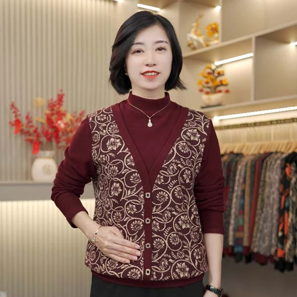 洋气新款时尚风中老年女装圆领宽松秋装休闲气质印花假两件妈妈装