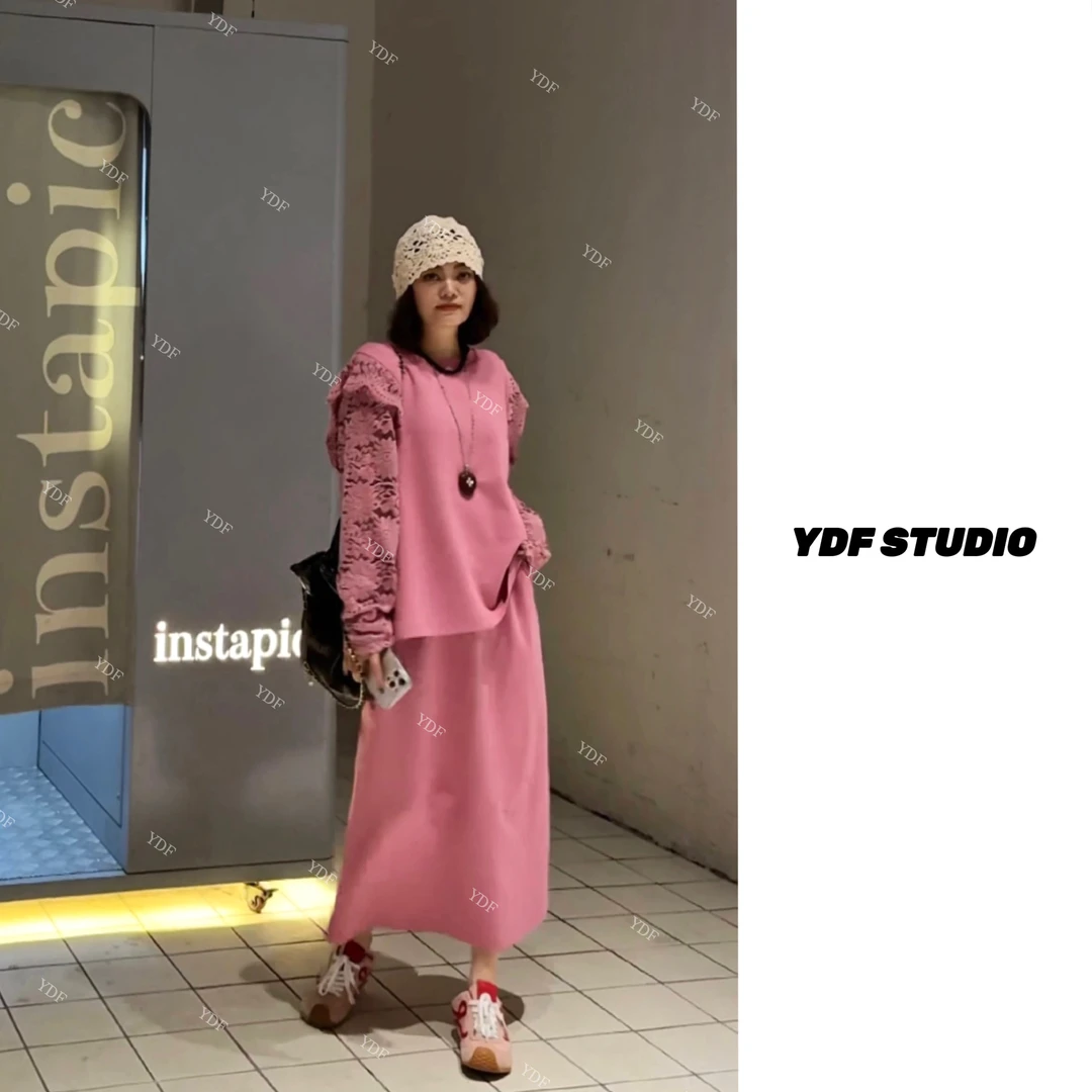 YDFSTUDIO【粉雾见秋】欧货高品早秋蕾丝镂空拼接上衣+半身裙套装