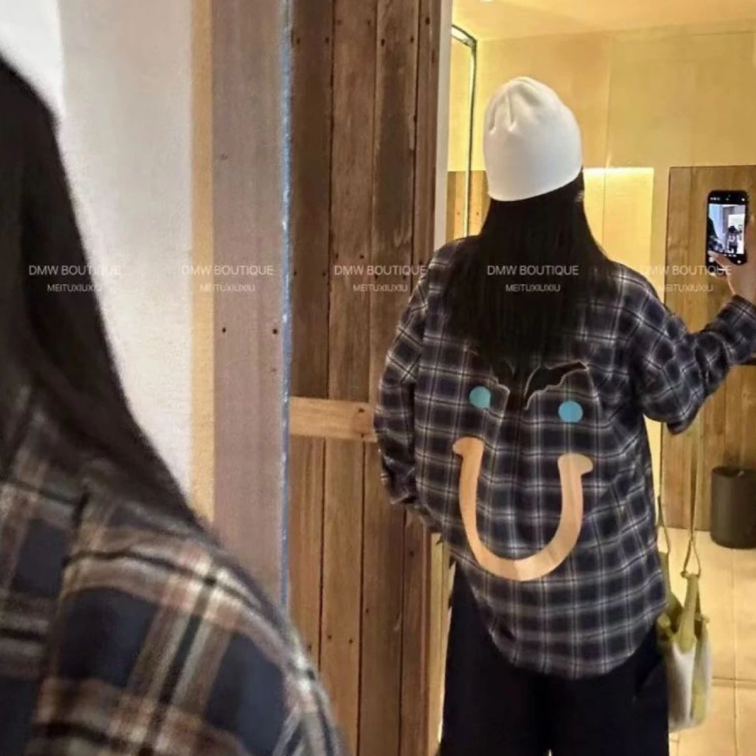 DMWBOUTIQUE欧韩风印花图案宽松大版格纹显瘦外套外搭衬衫衬衣