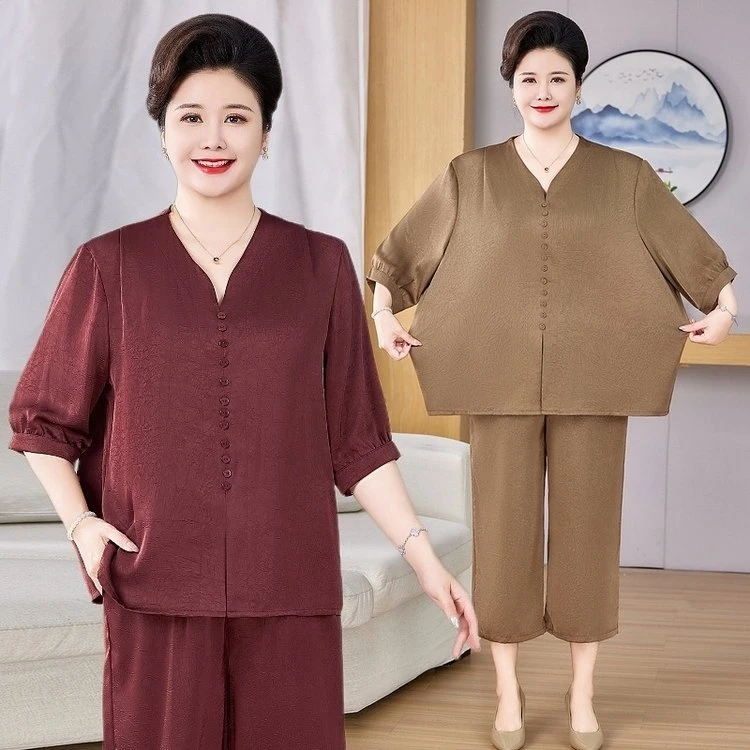 母亲节妈妈装套装 中老年妈妈夏季显瘦洋气纯色宽松套装舒适遮肚
