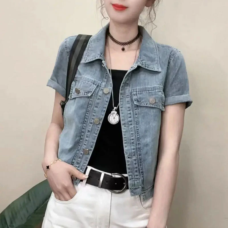 夏季薄款短袖牛仔外套女2025新款时尚复古翻领单排扣气质百搭上衣