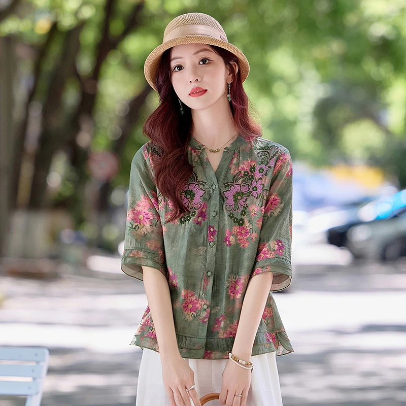 宽松短袖衬衫女夏季新款2025年时尚高级设计感休闲百搭衬衫女气质