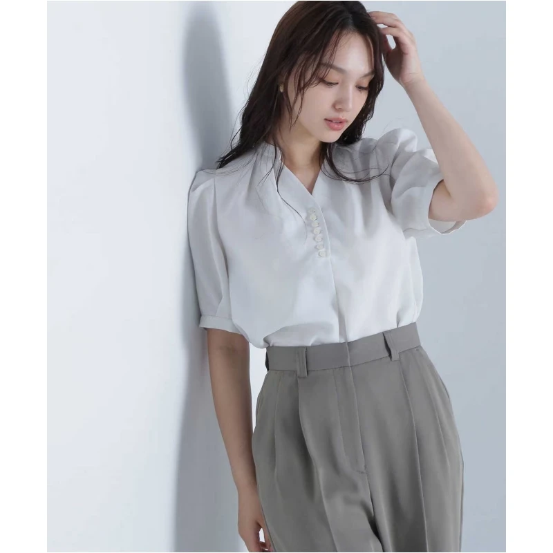 【TaKuMi】 N 夏季新款 百搭气质仿亚麻纽扣V领衬衫通勤