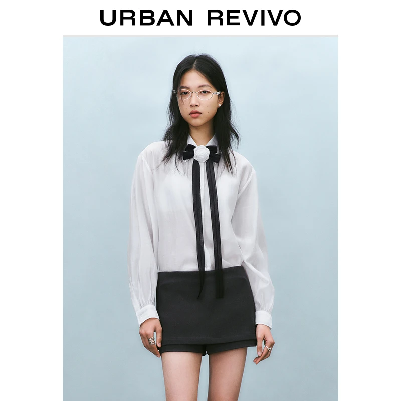 UR2025秋季新款女立体花朵飘带设计感长袖开襟衬衫UYU250020