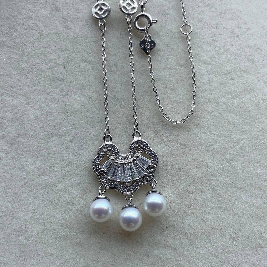 银S925镶嵌套链68淡水珍珠