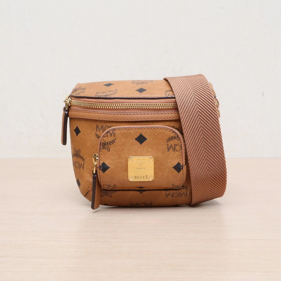 99新 MCM 【娇活动】 干邑色 皮革C 迷你 腰包 斜挎包 070463