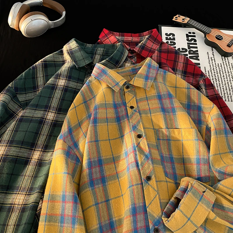 美式复古格子衬衫男早秋单穿叠穿长袖衬衣vintage情侣高级感外套